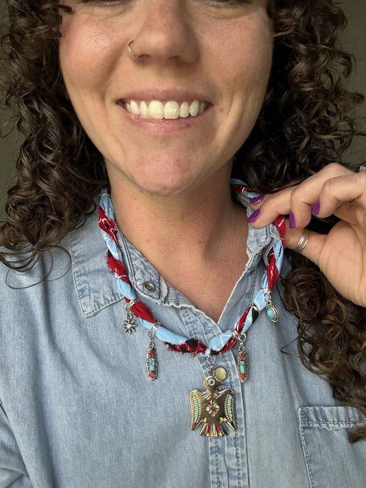 π¦
Desert Thunderbird Bandana Necklace | Turquoise Western Statement