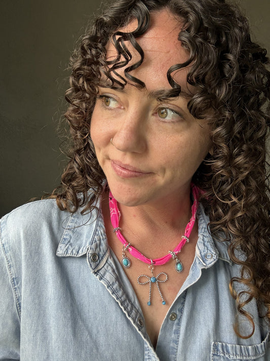 π Neon Cowgirl Bow Bandana Necklace | Turquoise Charm Statement