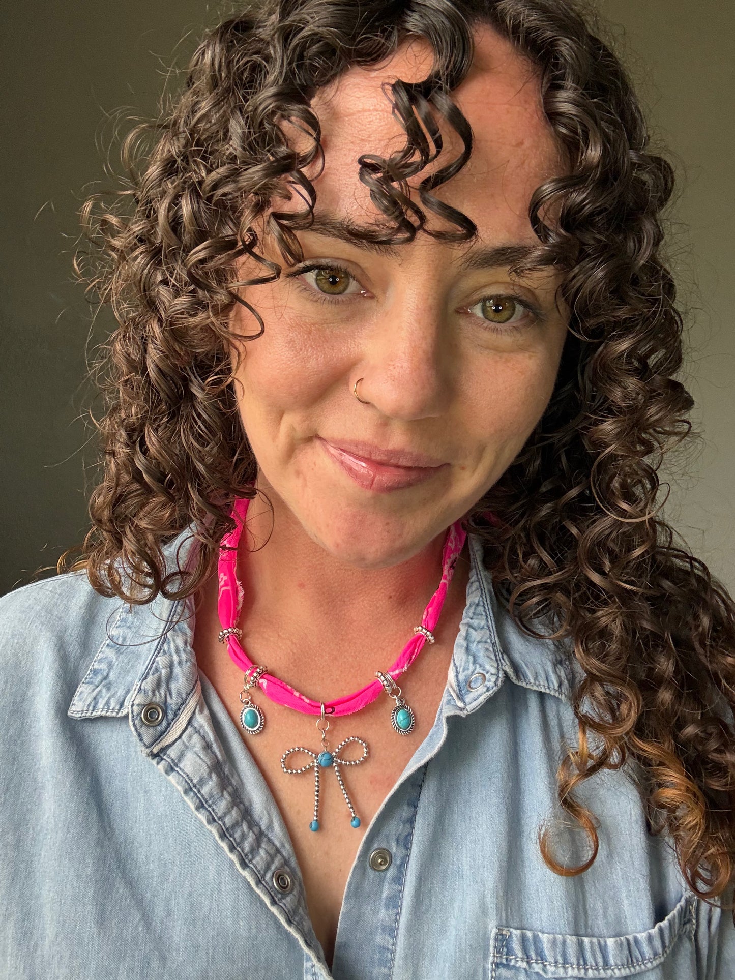 💖 Neon Cowgirl Bow Bandana Necklace | Turquoise Charm Statement