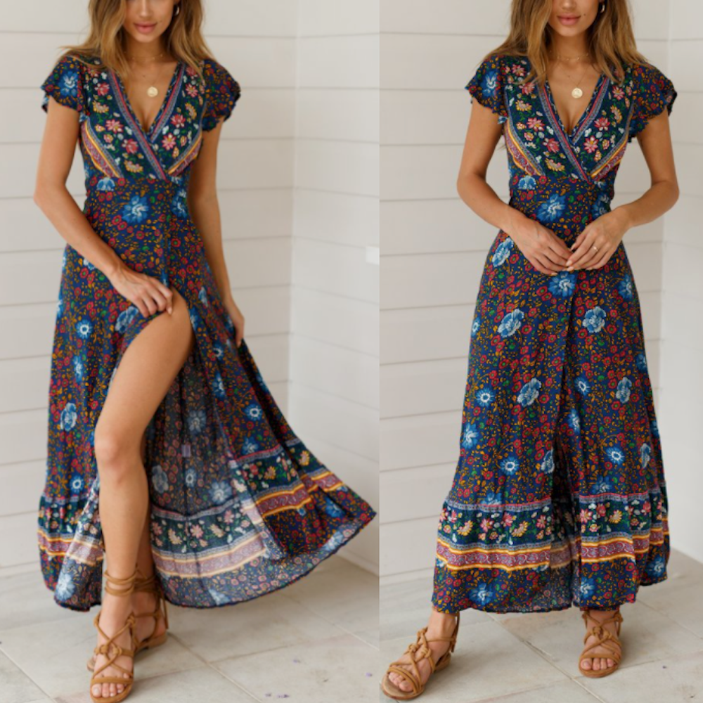 🌸 Wrap Style V-Neck Floral Maxi Dress – For Sunlit Days & Beachy Getaways