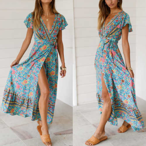 🌸 Wrap Style V-Neck Floral Maxi Dress – For Sunlit Days & Beachy Getaways