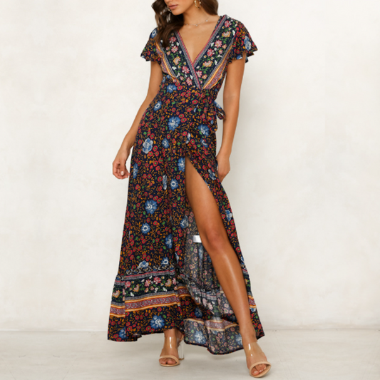 🌸 Wrap Style V-Neck Floral Maxi Dress – For Sunlit Days & Beachy Getaways
