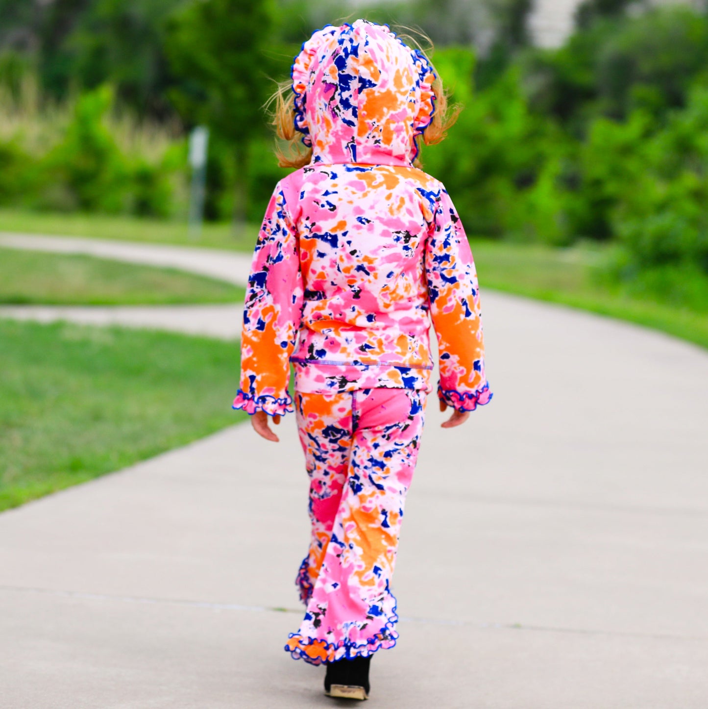 🌸 AnnLoren Tie-Dye Ruffle Hoodie Set – 2 Pc Pink, Orange & Purple