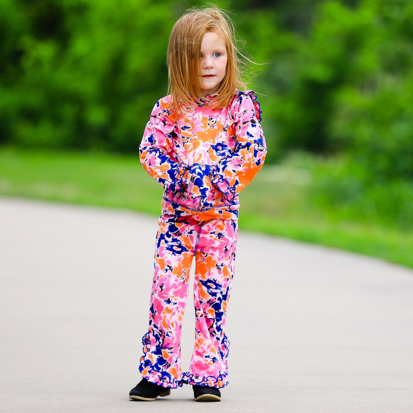 🌸 AnnLoren Tie-Dye Ruffle Hoodie Set – 2 Pc Pink, Orange & Purple