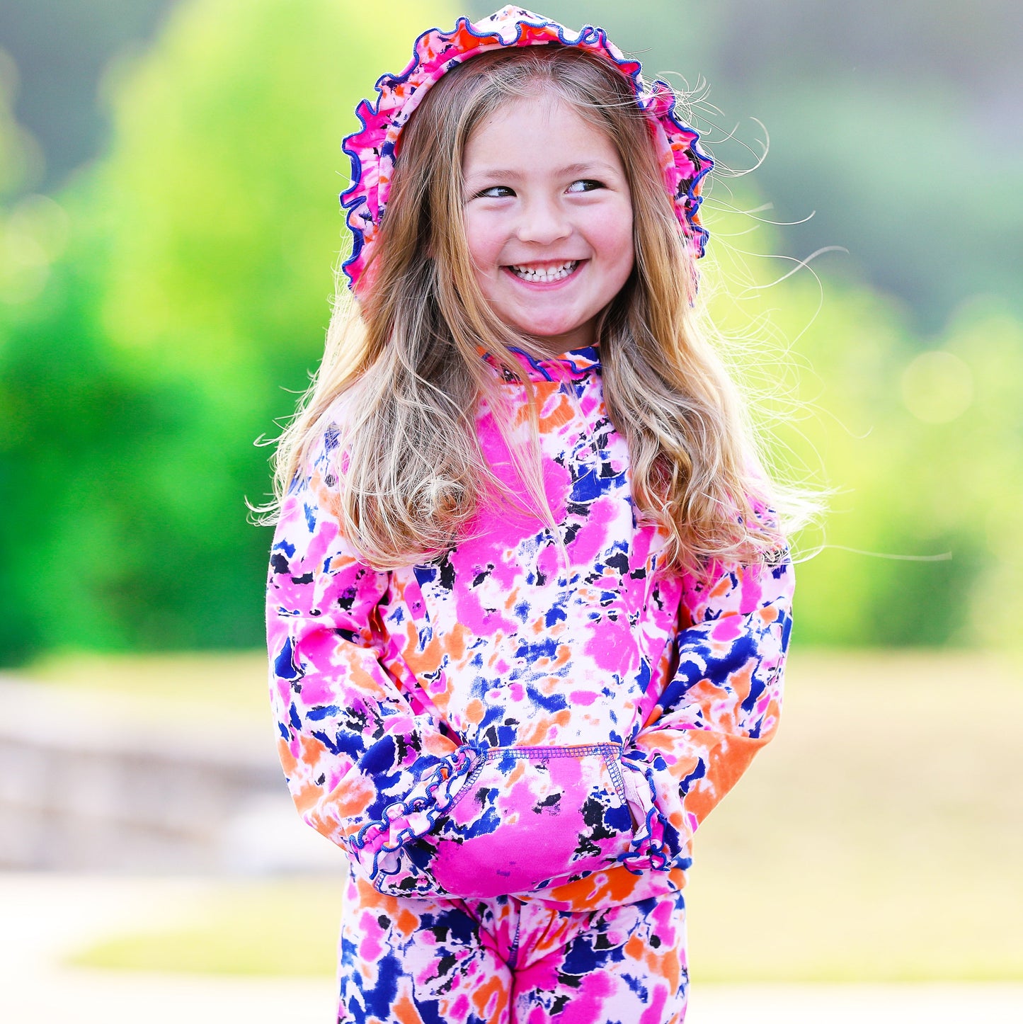 🌸 AnnLoren Tie-Dye Ruffle Hoodie Set – 2 Pc Pink, Orange & Purple