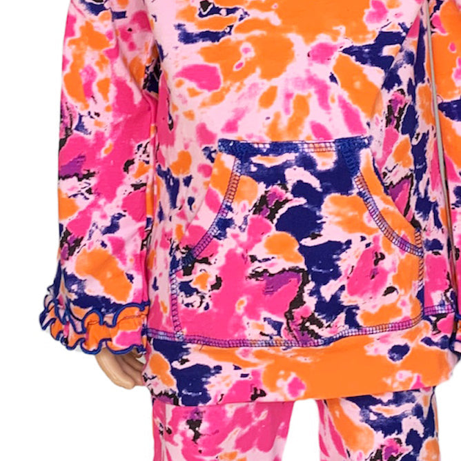 🌸 AnnLoren Tie-Dye Ruffle Hoodie Set – 2 Pc Pink, Orange & Purple