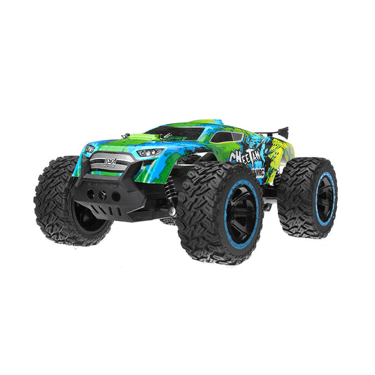 Toy monster truck with green and blue design on a white background