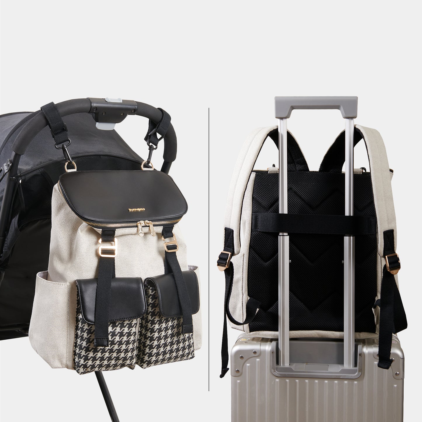 Backpack with black accents and a stroller attachment on a white background