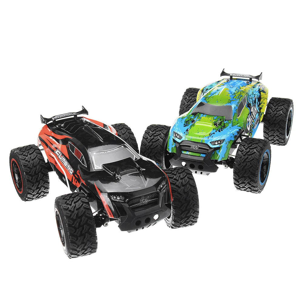 Two remote control cars, one black and red, the other blue and green, on a white background.