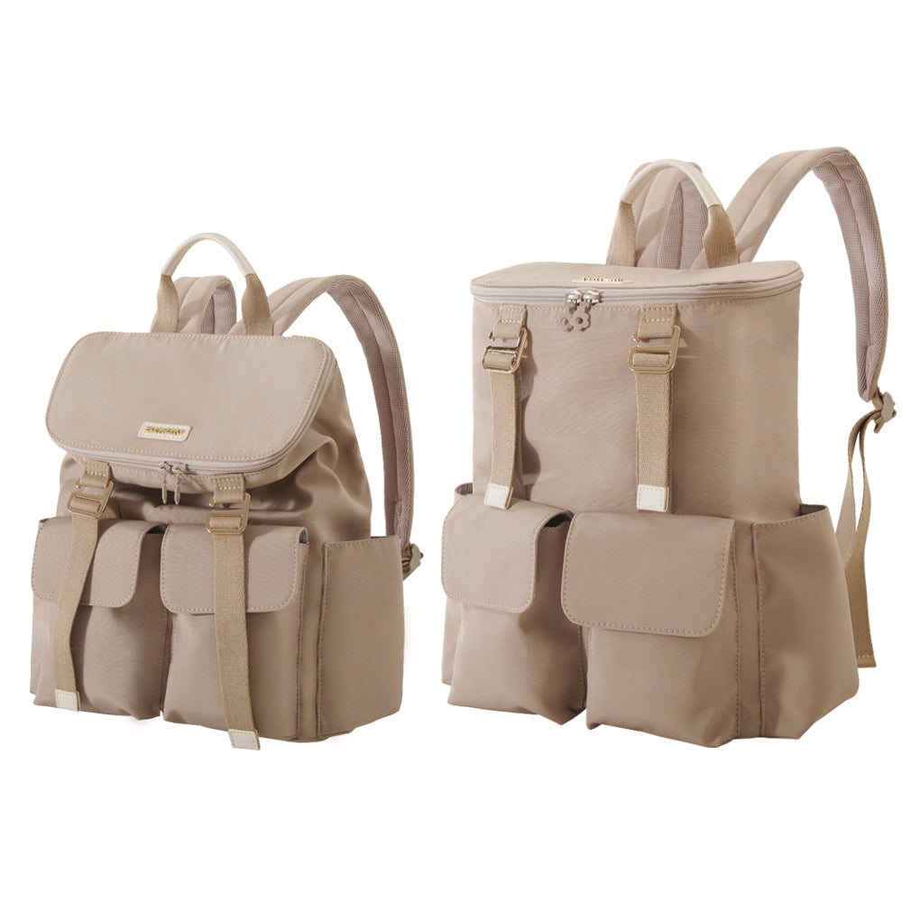 Two beige backpacks with multiple pockets on a white background
