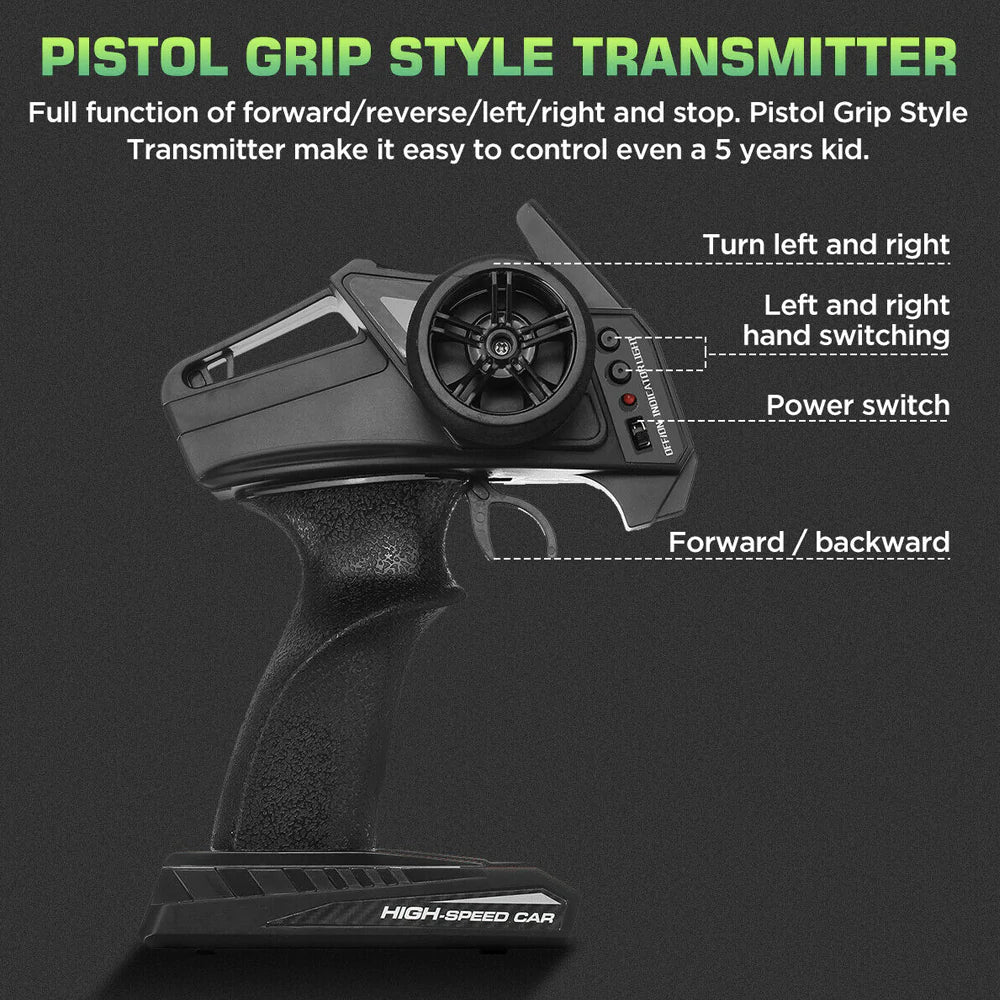 Pistol grip style transmitter with features highlighted on a dark background