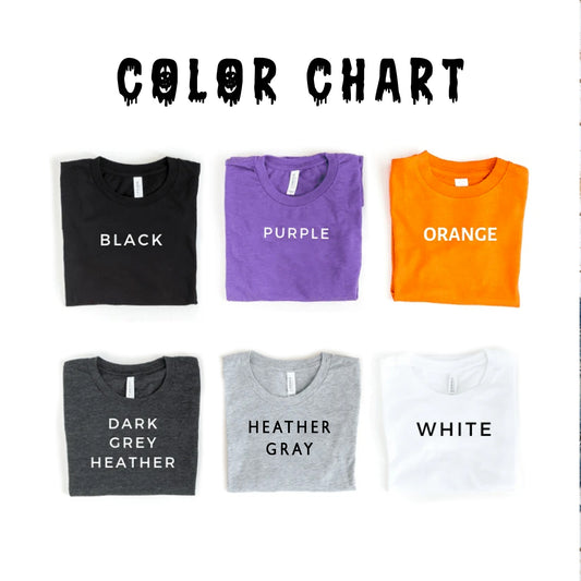 Color chart with black, purple, orange, dark gray, heather gray, and white t-shirts.