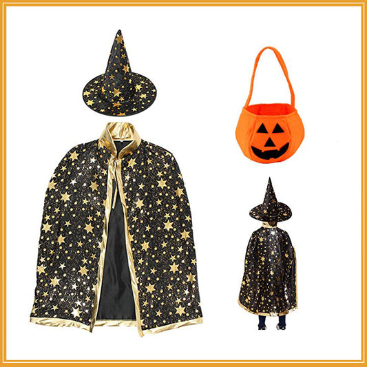 Halloween costume set with black star-patterned cape, hat, and orange pumpkin basket on white background.