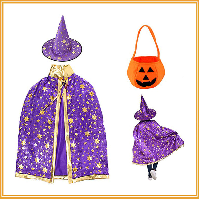 Purple witch costume with star pattern, orange pumpkin basket, and purple witch hat on a white background.