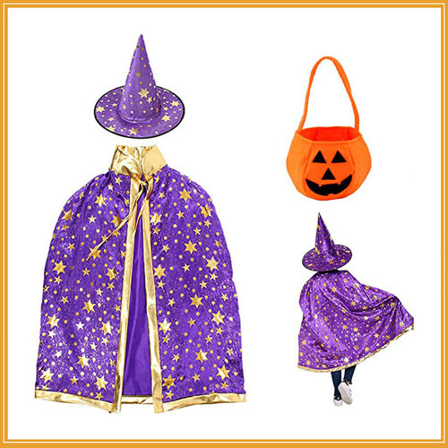 🪄 Starry Wizard Cloak + Pumpkin Hat Set ✨🎃