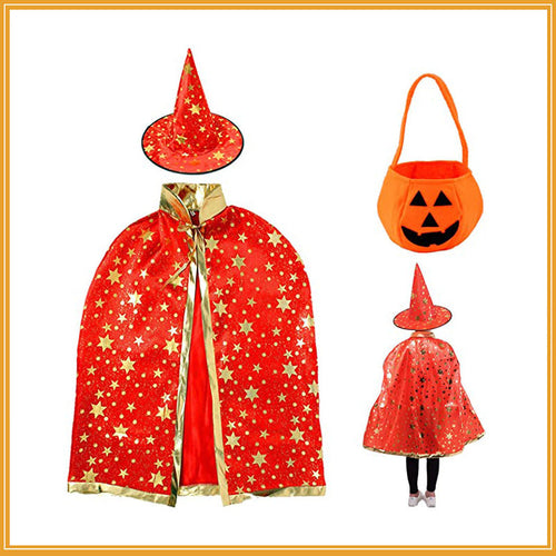 🪄 Starry Wizard Cloak + Pumpkin Hat Set ✨🎃