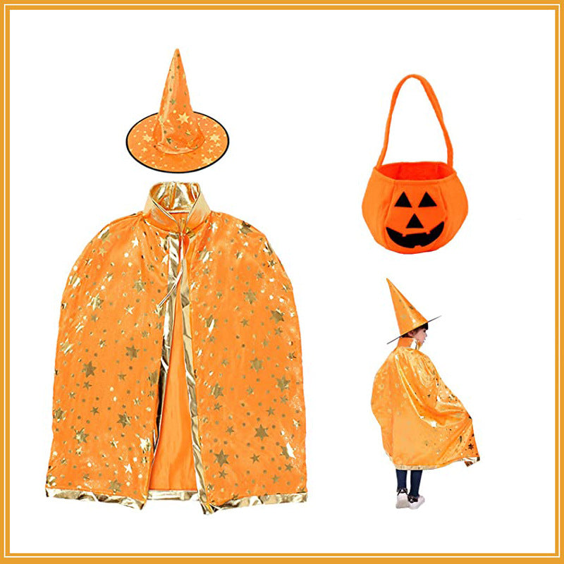 Halloween costume set with orange cape, hat, and basket on white background