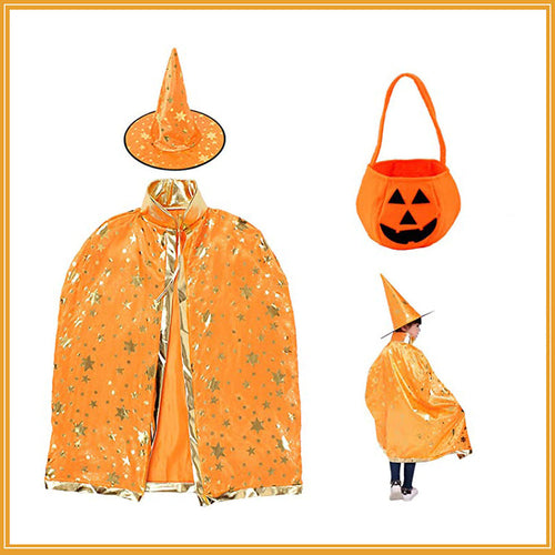 🪄 Starry Wizard Cloak + Pumpkin Hat Set ✨🎃