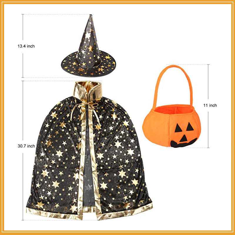 🪄 Starry Wizard Cloak + Pumpkin Hat Set ✨🎃