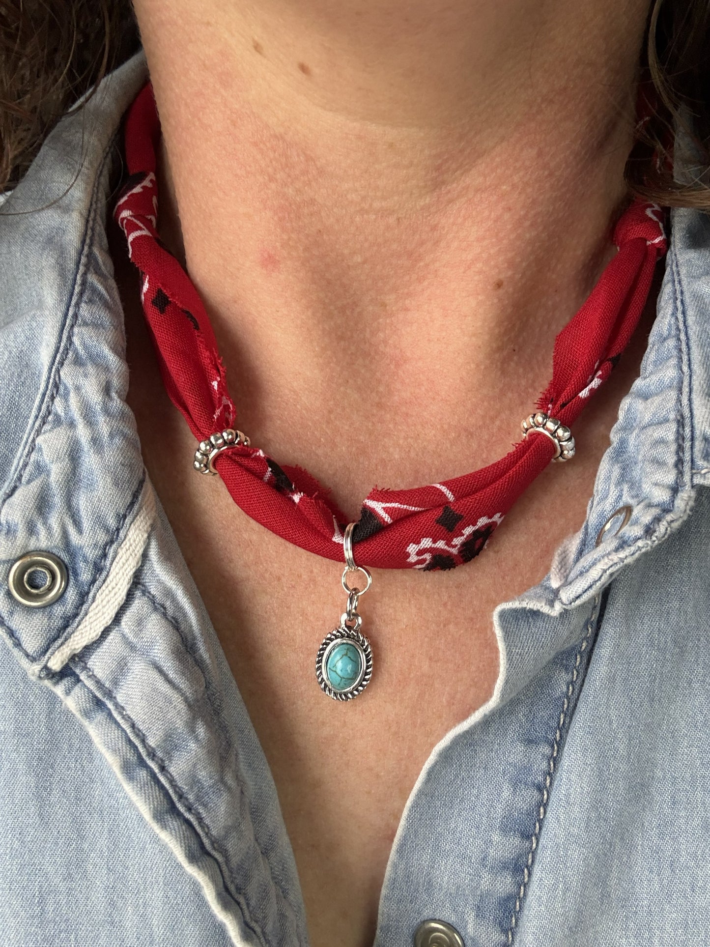 ❤️ Red Bandana Turquoise Charm Necklace | Western Boho Choker Style