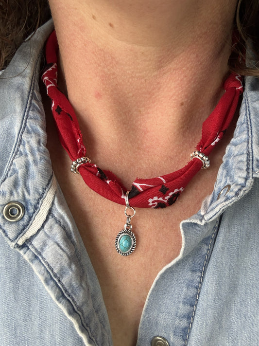 ❤️ Red Bandana Turquoise Charm Necklace | Western Boho Choker Style