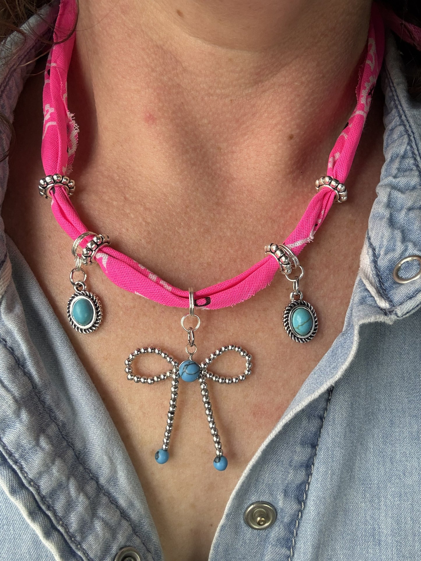 💖 Neon Cowgirl Bow Bandana Necklace | Turquoise Charm Statement