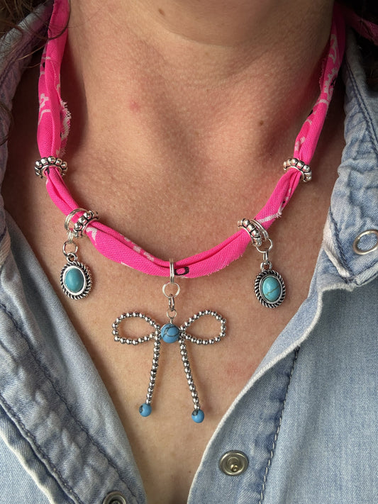 💖 Neon Cowgirl Bow Bandana Necklace | Turquoise Charm Statement