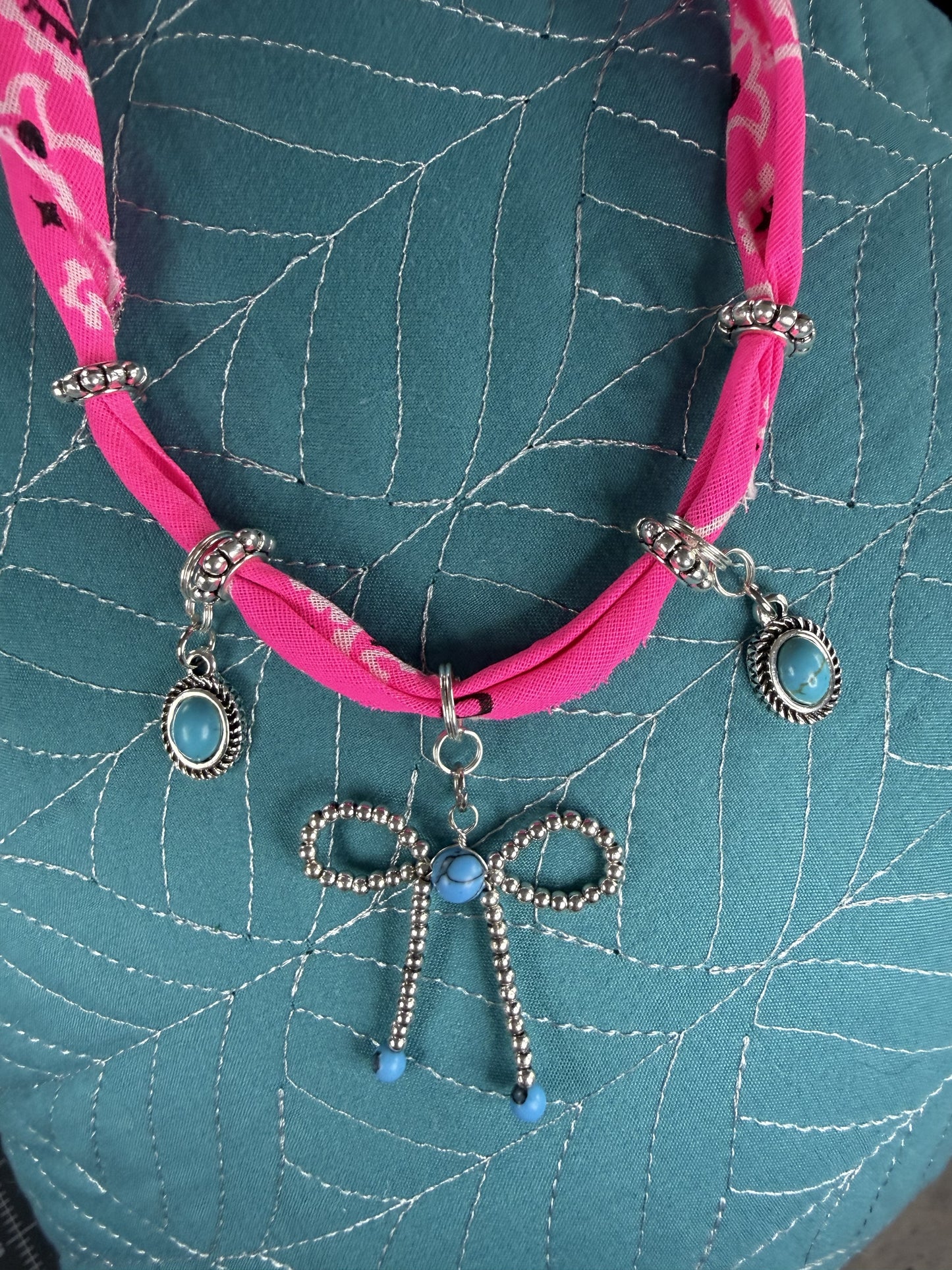 💖 Neon Cowgirl Bow Bandana Necklace | Turquoise Charm Statement