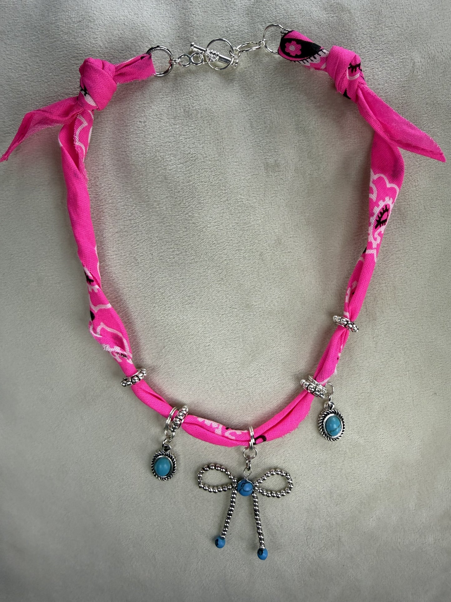 💖 Neon Cowgirl Bow Bandana Necklace | Turquoise Charm Statement