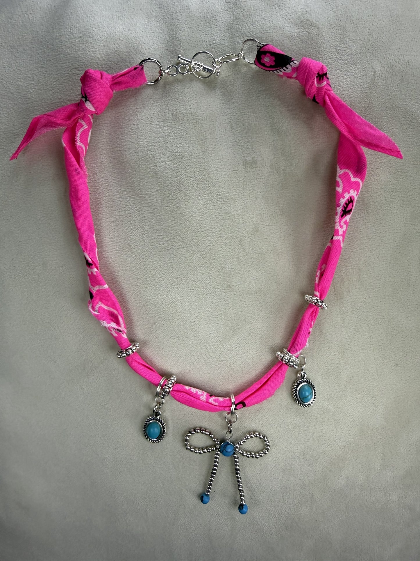 💖 Neon Cowgirl Bow Bandana Necklace | Turquoise Charm Statement