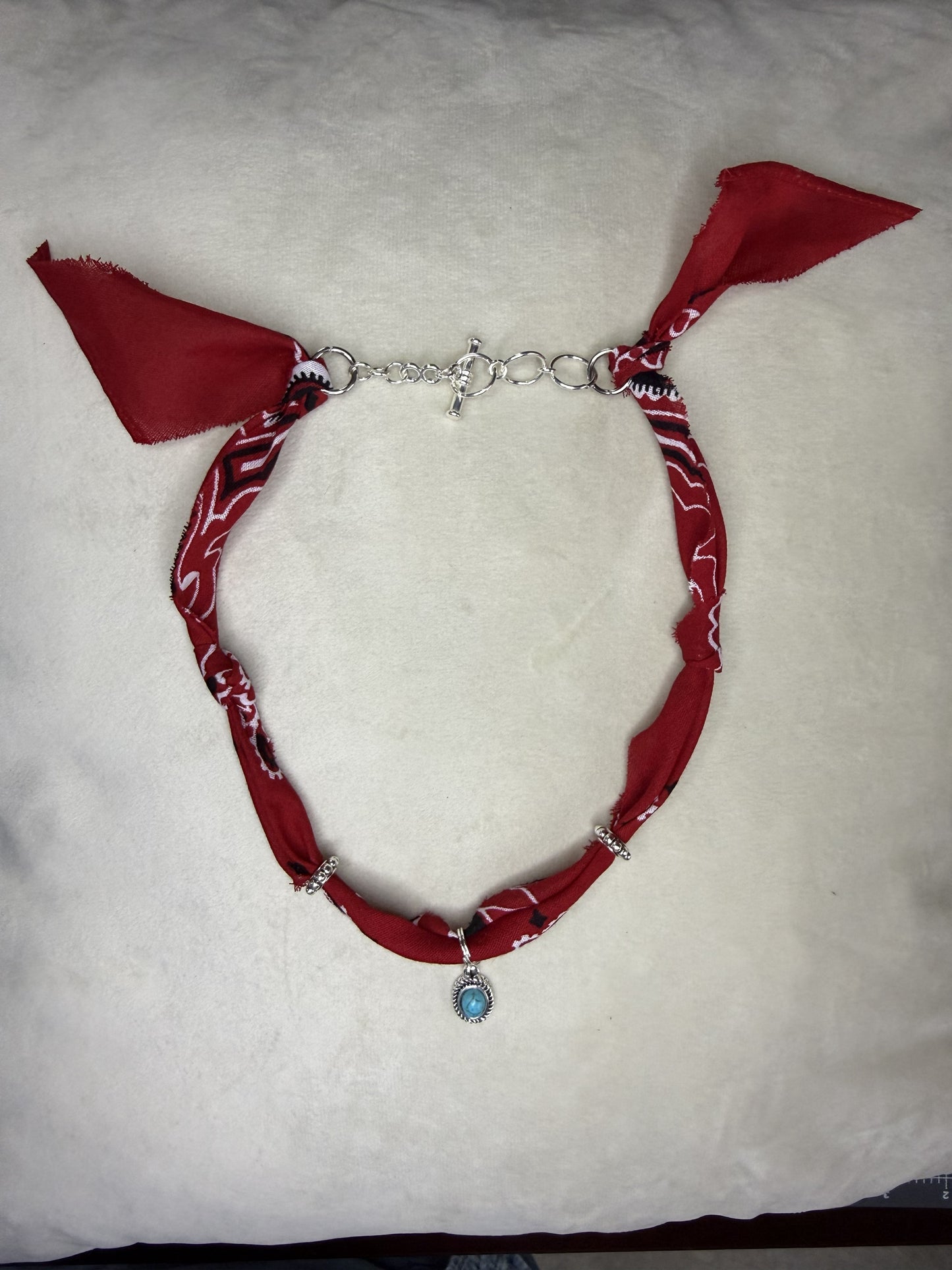 ❤️ Red Bandana Turquoise Charm Necklace | Western Boho Choker Style