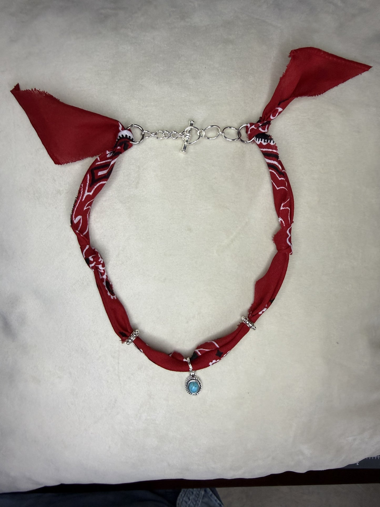 ❤️ Red Bandana Turquoise Charm Necklace | Western Boho Choker Style