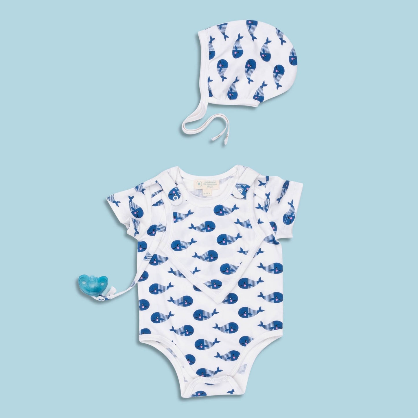 🐳 Blue Whale Bodysuit + Smart Bib Set – Organic Cotton Snap-On Style 💙