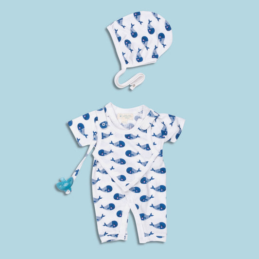 🐳 Blue Whale Kimono Romper + Snap Bib – Organic Cotton for Littles 🌊