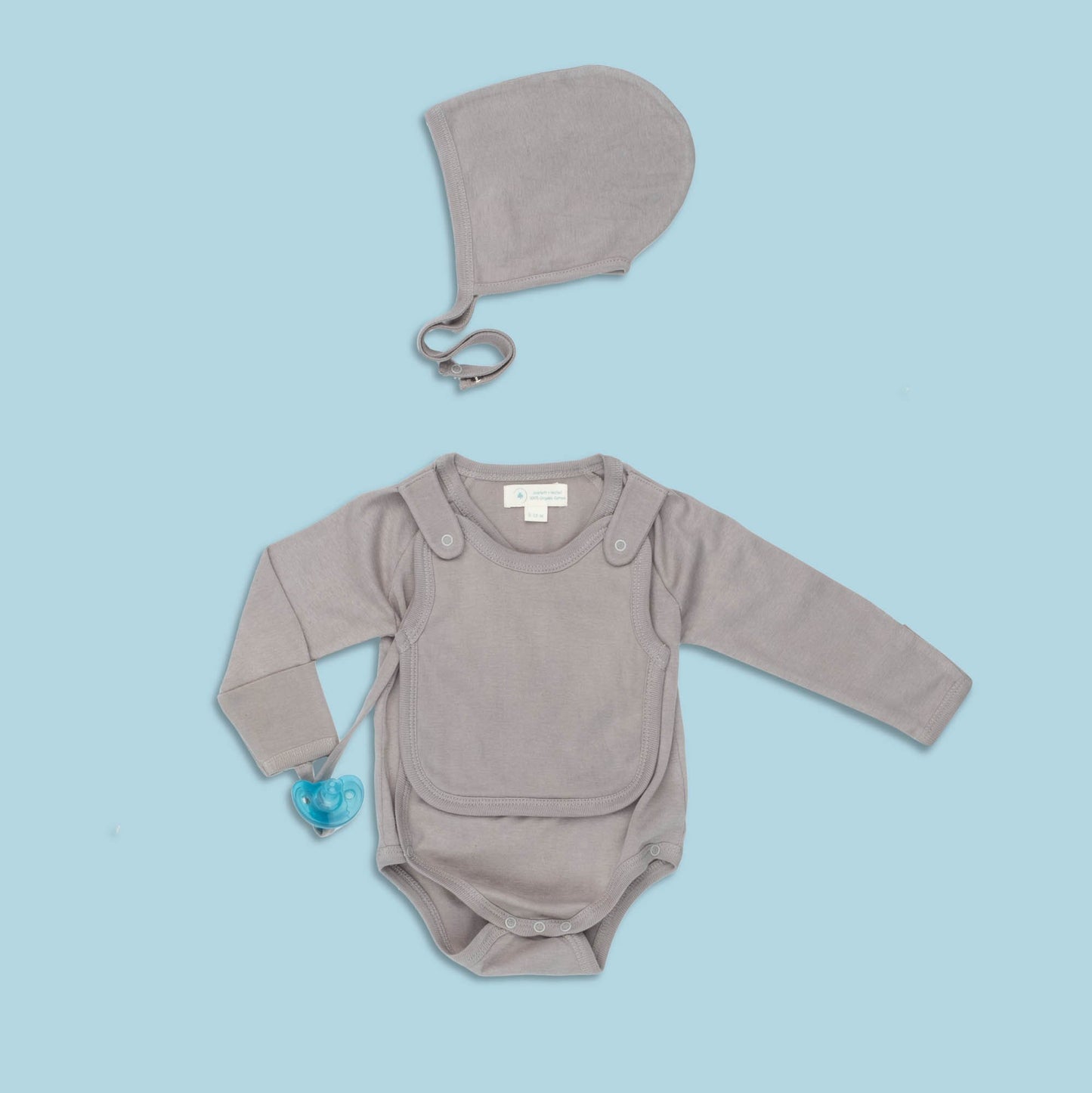 🌙 Gray Smart Kimono Bodysuit + Bib Set – Organic Cotton