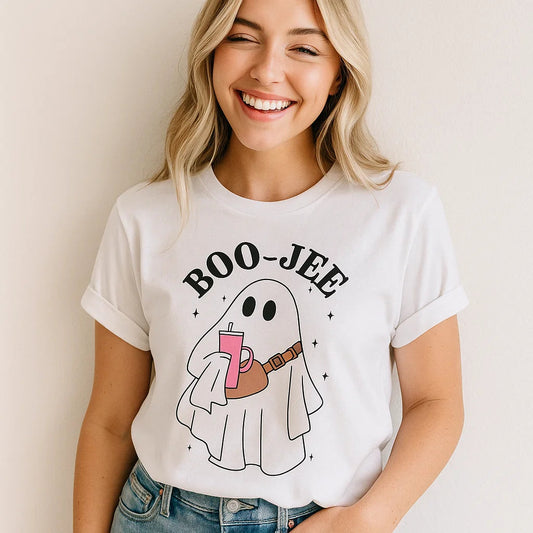 Person wearing a white t-shirt with a ghost graphic and 'BOO-JEE' text.