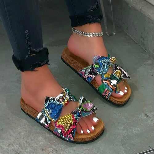 🐍 Women’s 2-Strap Comfy Bow Slide Sandals – Snake Print