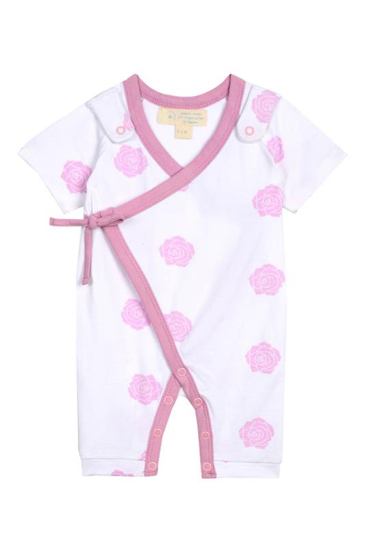 🌸 Smart Short Sleeve Kimono Romper – Pink Rose | Organic Cotton + Spandex