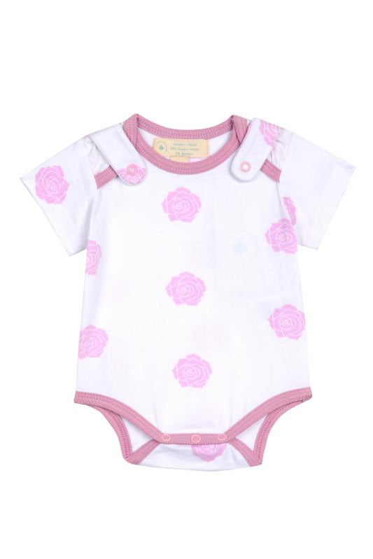 🌸 Pink Rose Smart Bodysuit + Bib Set – Organic Cotton