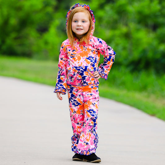 🌸 AnnLoren Tie-Dye Ruffle Hoodie Set – 2 Pc Pink, Orange & Purple