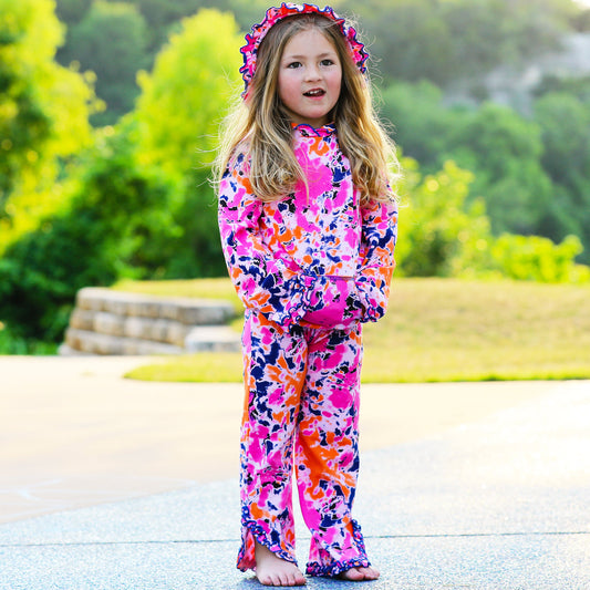 🌸 AnnLoren Tie-Dye Ruffle Hoodie Set – 2 Pc Pink, Orange & Purple