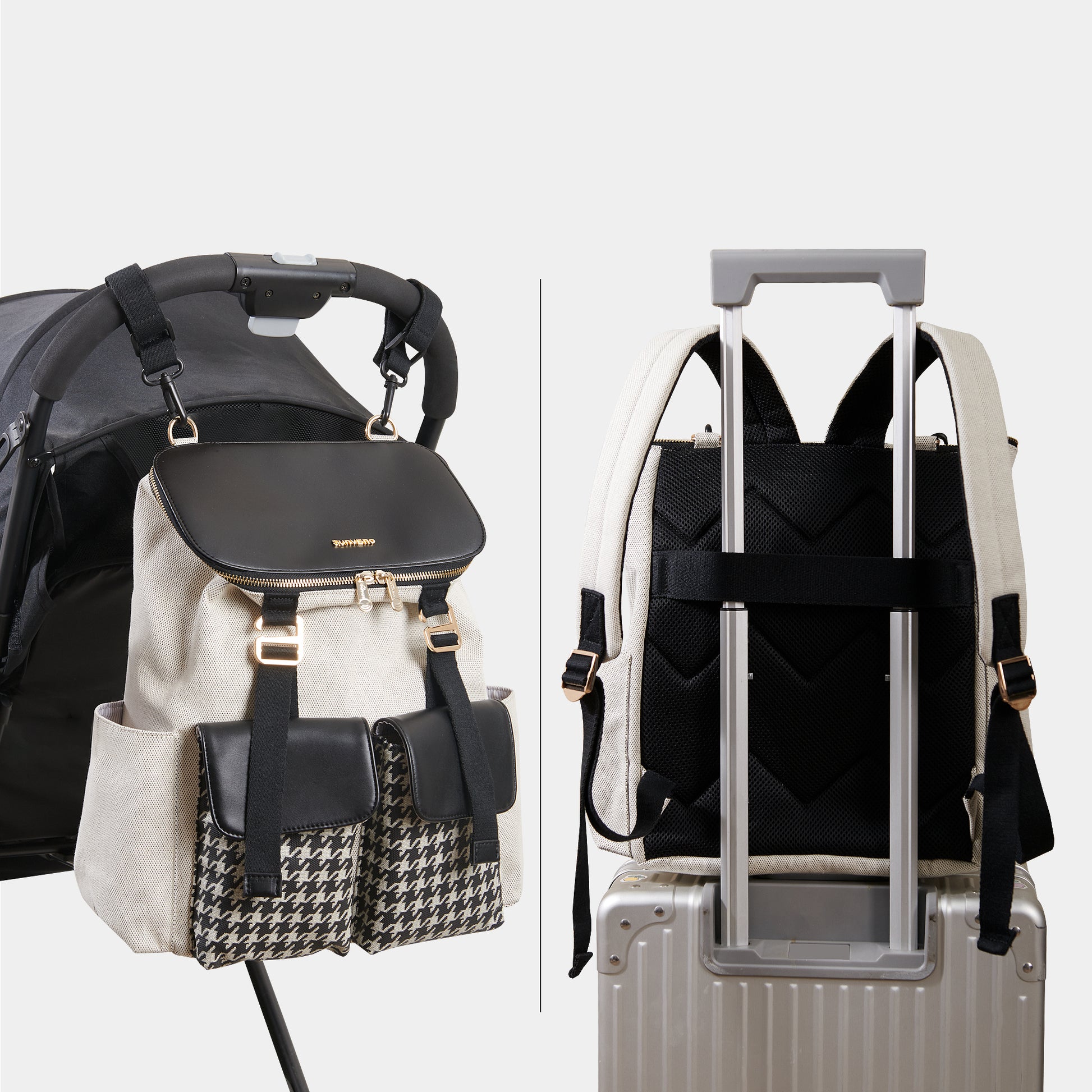 Backpack with black accents and a stroller attachment on a white background