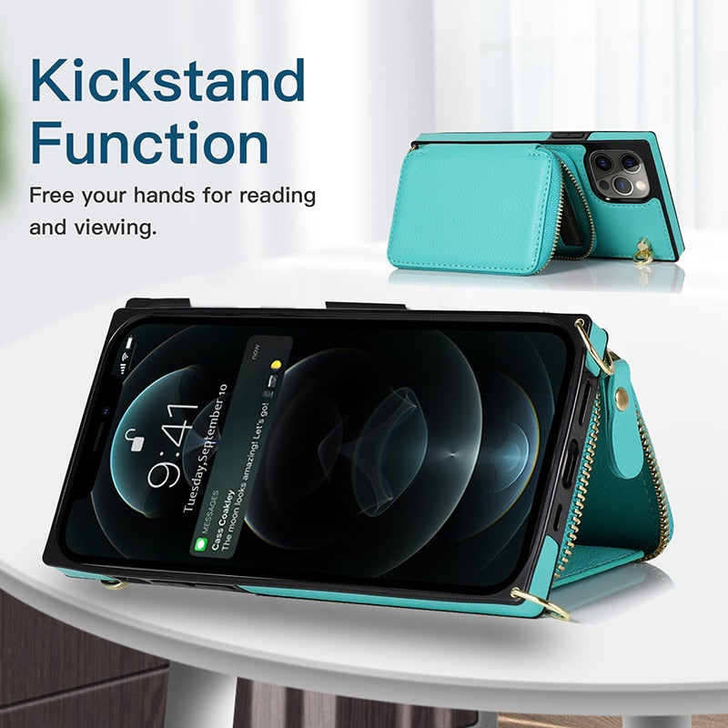 📱 Zipper Wallet Crossbody Case – 6-in-1 iPhone Wallet + Kickstand + Strap