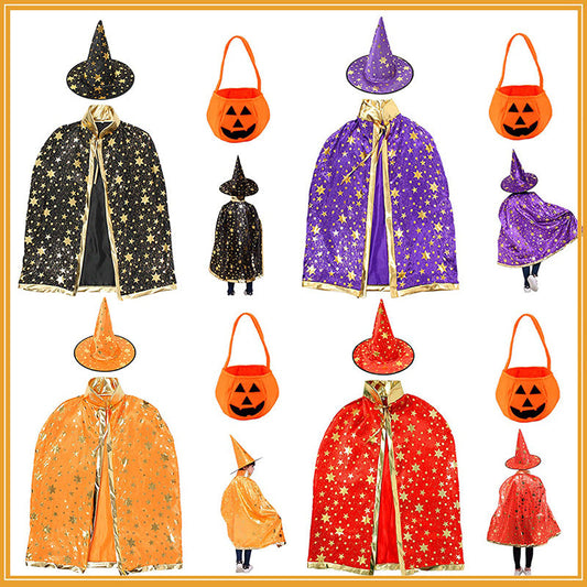 A collection of children's Halloween costumes including wizard's cloaks in various colors, with or without star patterns, and matching pumpkin bags. Hats in shapes of pumpkins and wizard hats complement the outfits.