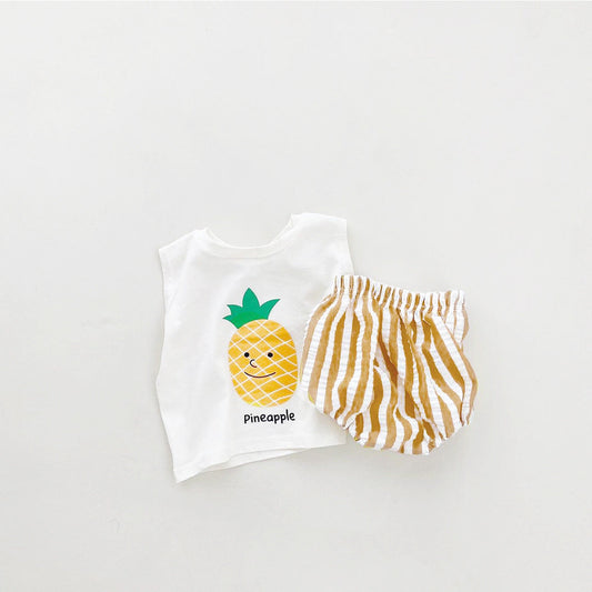 🍋 Fruity Fun Baby Set – Vest + Striped Pants 🍓✨