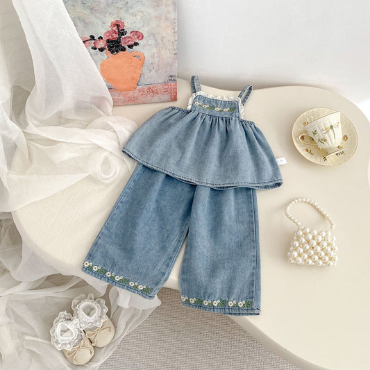 🌼 Bloom & Bluebell Set – Embroidered Summer Outfit for Girls 👒
