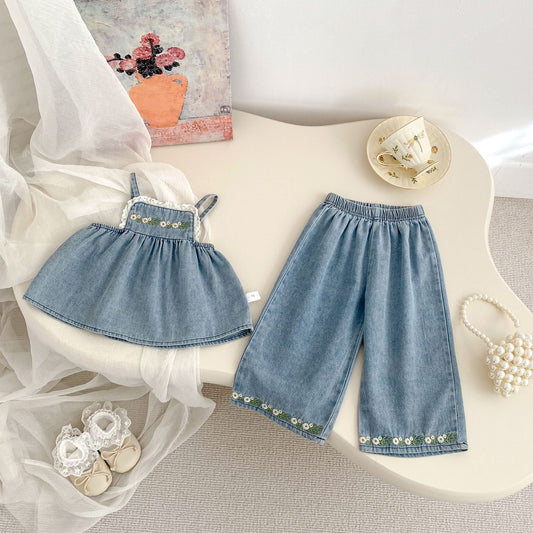🌼 Bloom & Bluebell Set – Embroidered Summer Outfit for Girls 👒