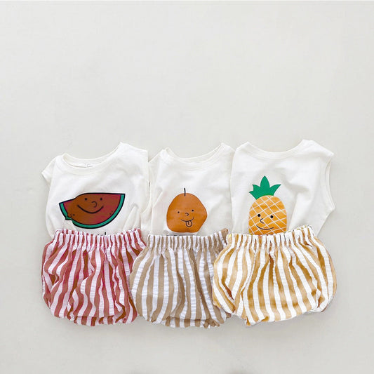 🍋 Fruity Fun Baby Set – Vest + Striped Pants 🍓✨